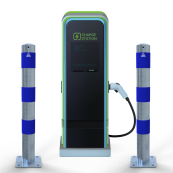 Barrier bollard | as e-charging station protection |  102 mm | hot-dip galvanized with 3 blue reflective strips foil type RA1/A | To be fixed by plugs